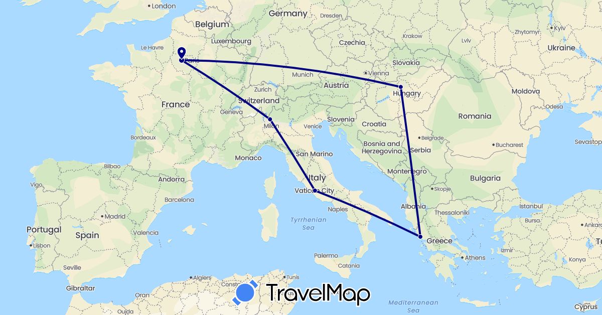 TravelMap itinerary: driving in France, Greece, Hungary, Italy (Europe)