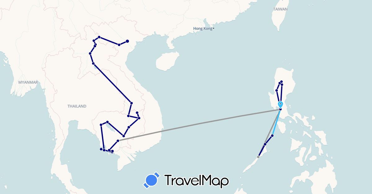 TravelMap itinerary: driving, plane, boat in Cambodia, Laos, Philippines, Vietnam (Asia)
